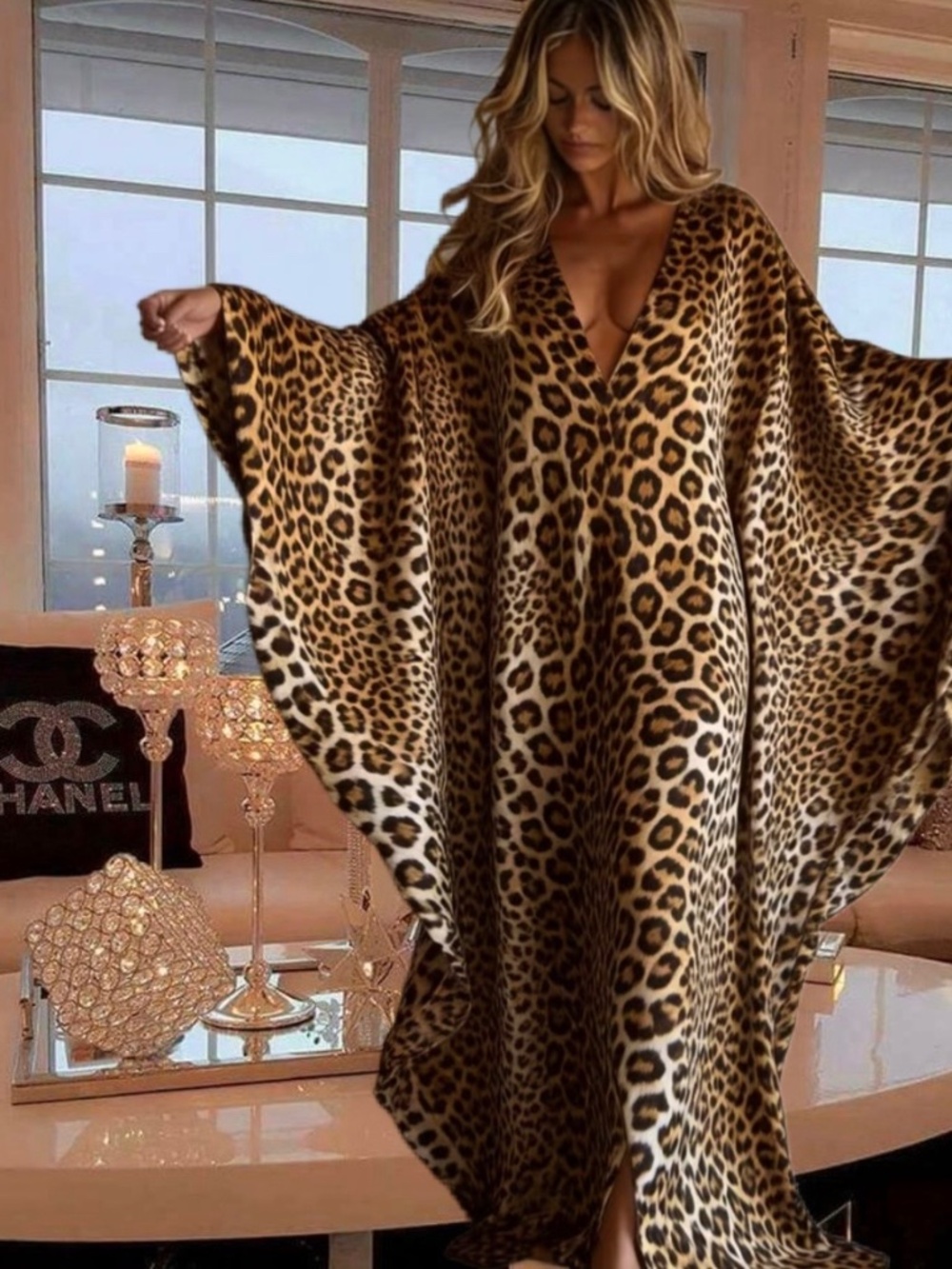 Luxury Leopard Print Kaftan Dress V-Neck Batwing Sleeve Maxi Resort Dress NEW